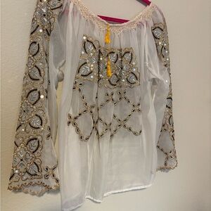 Embroidered White and Gold Women's Top transparent with sequins bell sleeves
